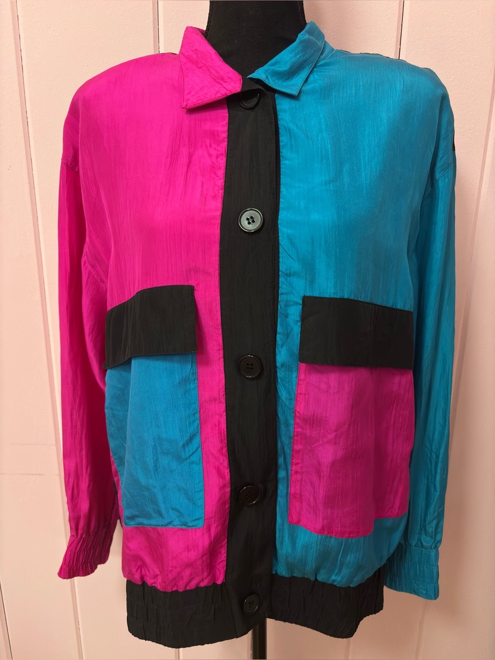 Vintage 80s 100% Silk Pink Blue Colorblock Windbreaker Button Up Cardigan -Small